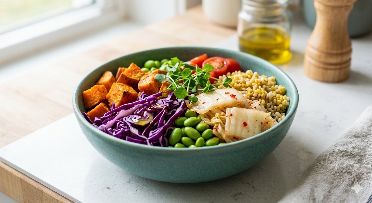 Bowl of vegetables, whole grains, and fermented foods