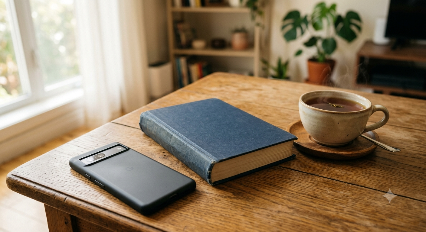 A phone face-down on a table next to a book