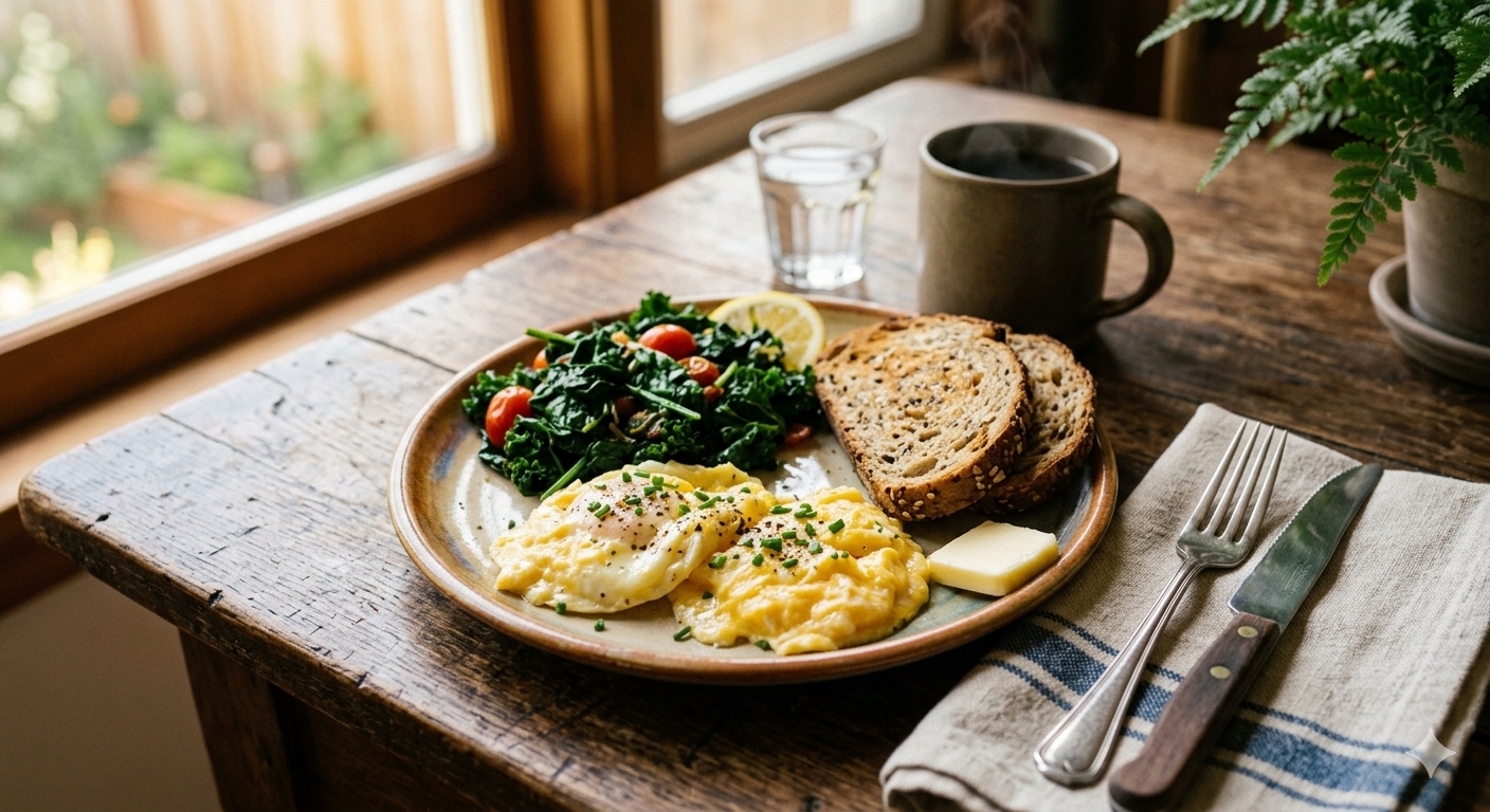 Whole-food breakfast plate illustrating circadian-aligned eating