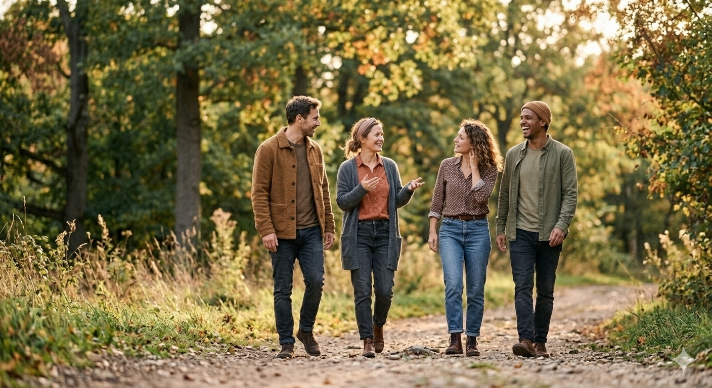 Small group of friends walking and talking together outdoors
