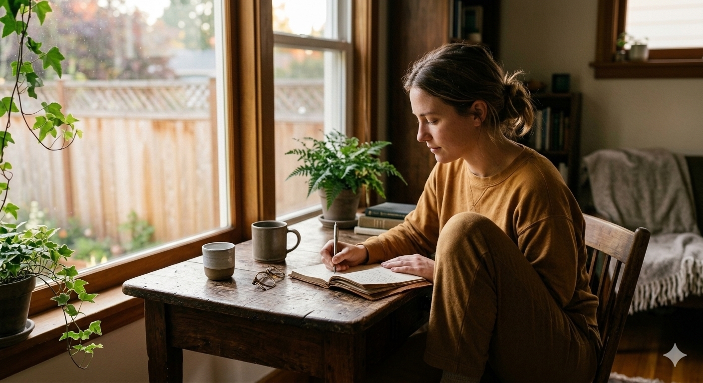 Person journaling calmly, illustrating a daily mental fitness practice
