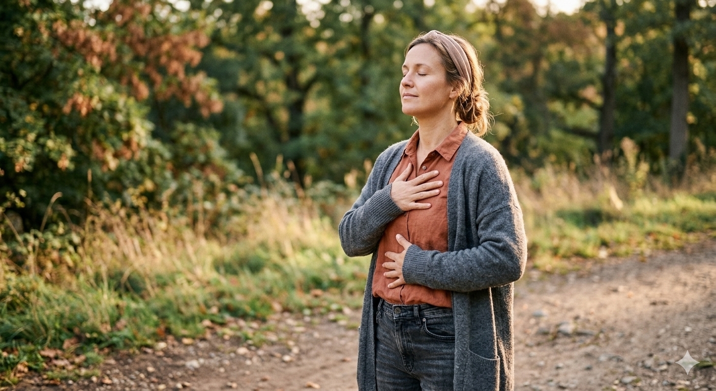 Person taking a slow, calming breath outdoors