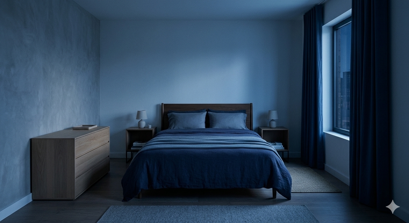 Calm, dimly lit bedroom set up for good sleep