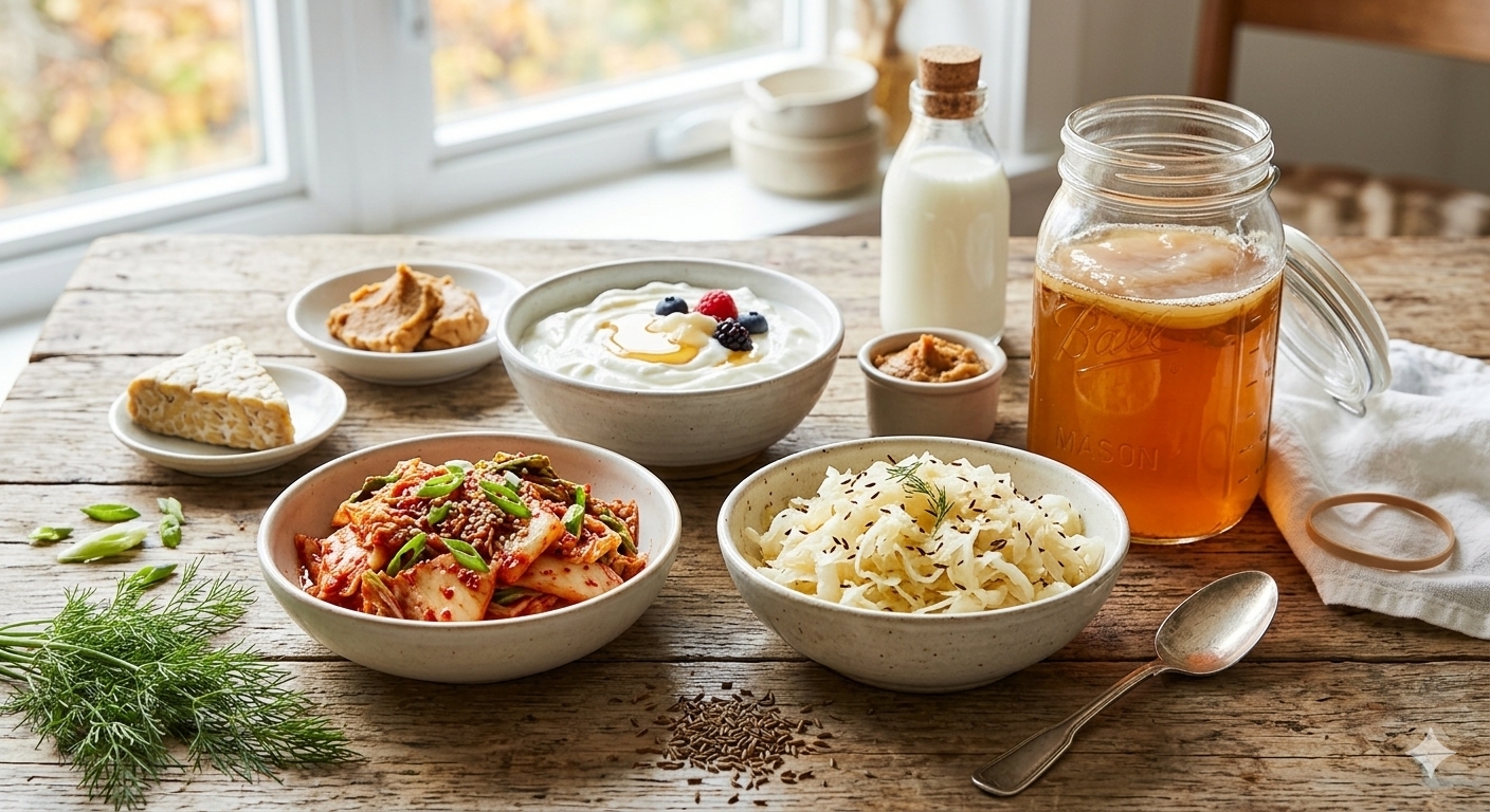 Fermented foods like yogurt, kimchi, and sauerkraut
