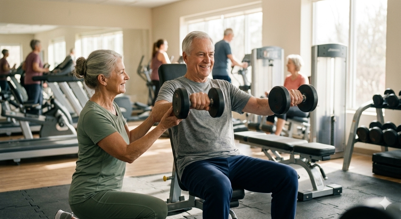 Older adult doing a supported strength exercise