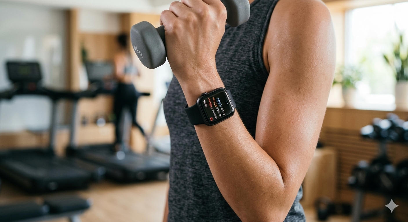 Fitness smartwatch on a wrist during a workout