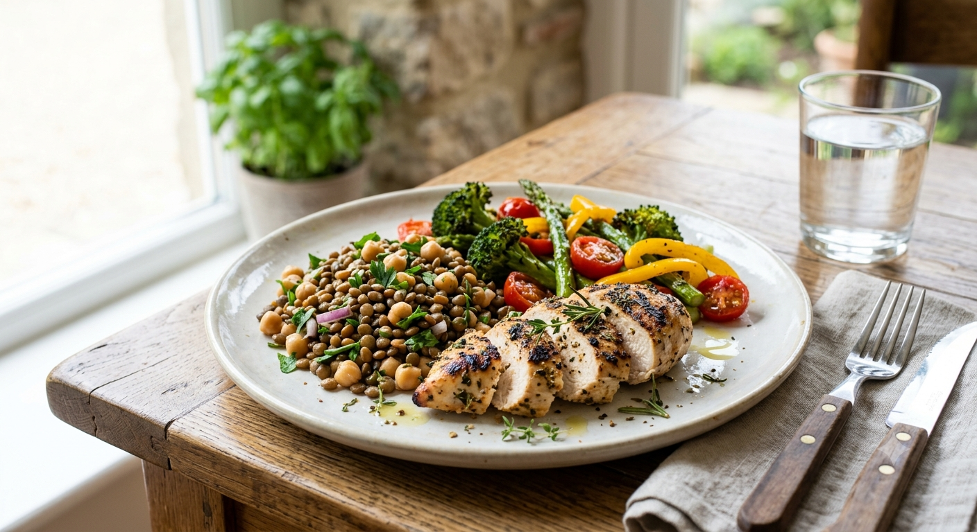 A balanced plate with grilled chicken, legumes, and vegetables