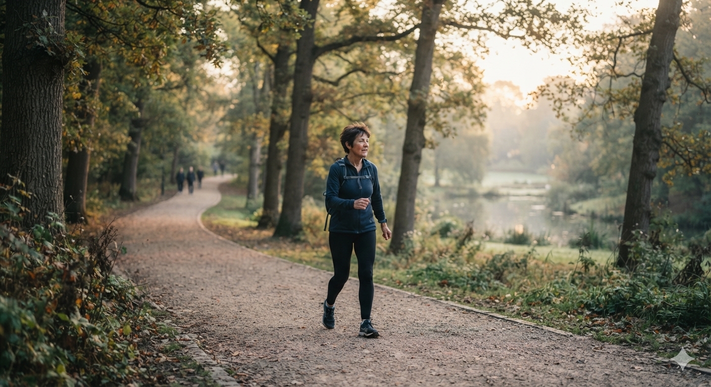 Person walking briskly on a park path, illustrating the Japanese walking interval method