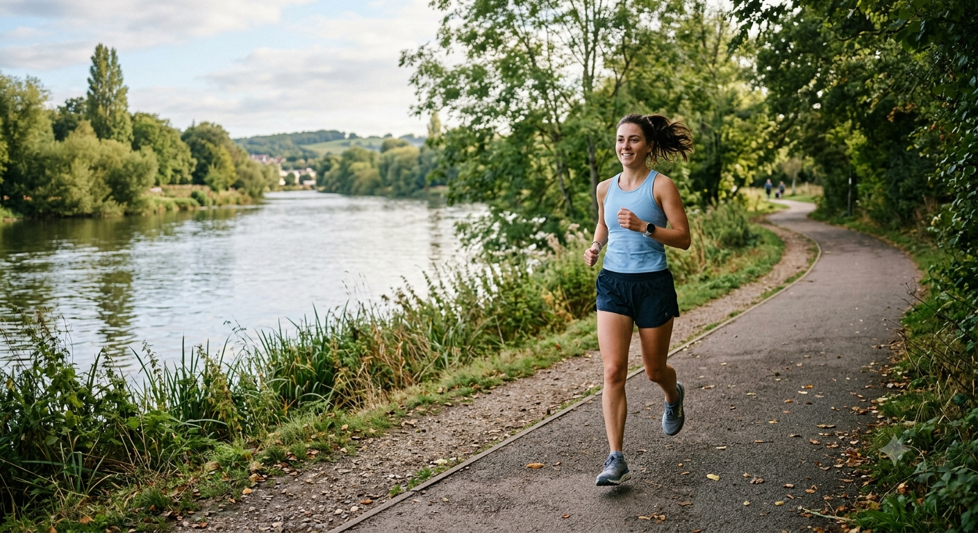 A person jogging at an easy pace along a riverside path